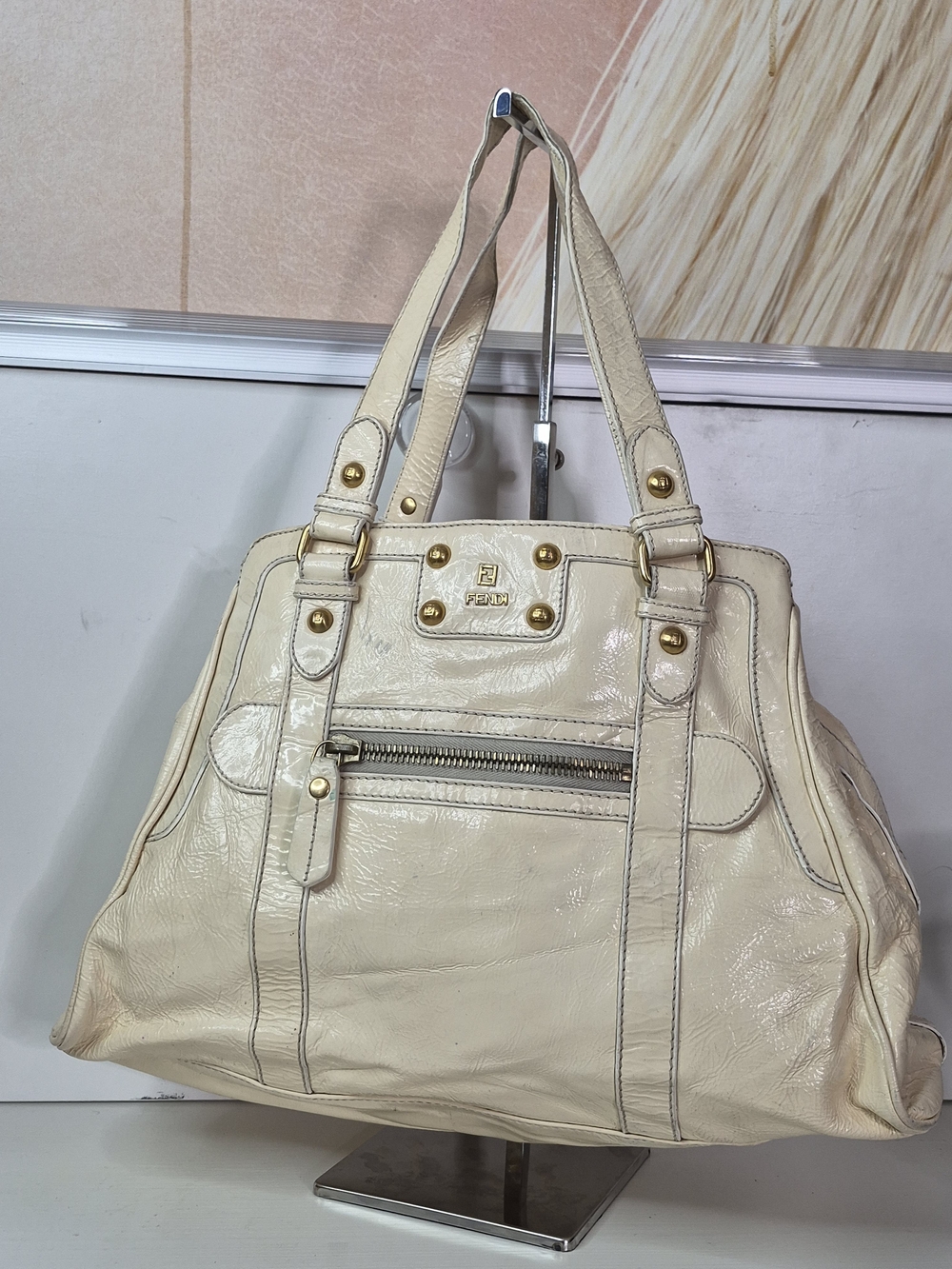 Fendi Cream Leather Tote Bag with Gold Hardware